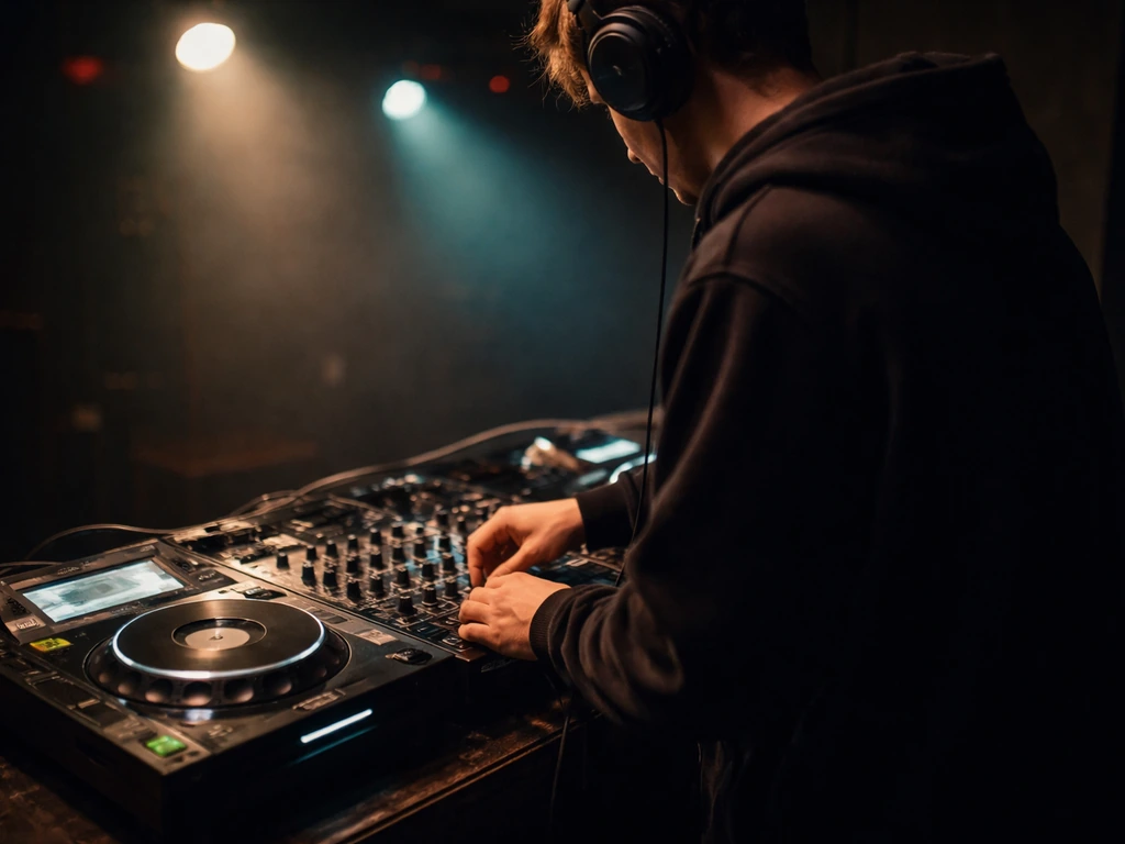 Anonymous DJ performing live at turntables and a mixer in a small dim venue
