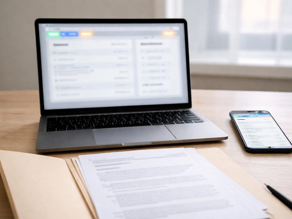 Minimal desk scene with laptop and documents folder suggesting verifying and updating a financial estimate
