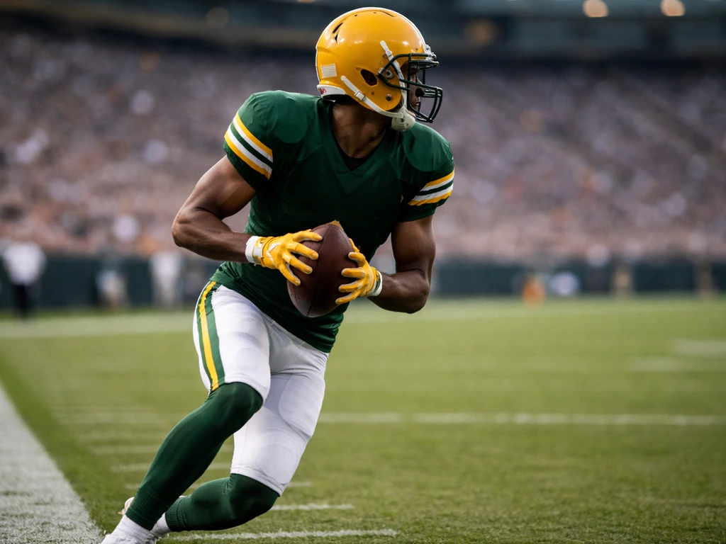 Anonymous wide receiver in a Packers-style uniform holding a football near the sideline.