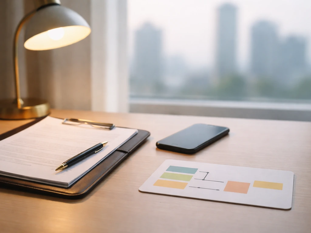 Minimal desk with contract pages, smartphone, and an abstract cash-flow style breakdown board.