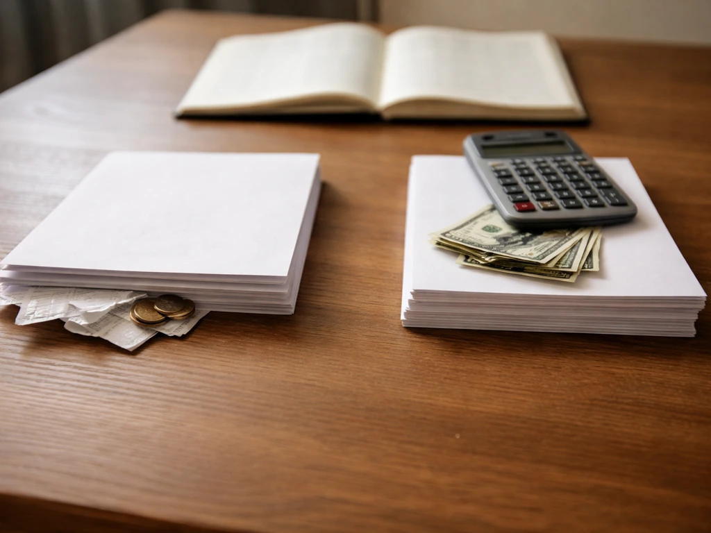 Minimal photo showing two money-related papers side by side to suggest differing net worth estimates.