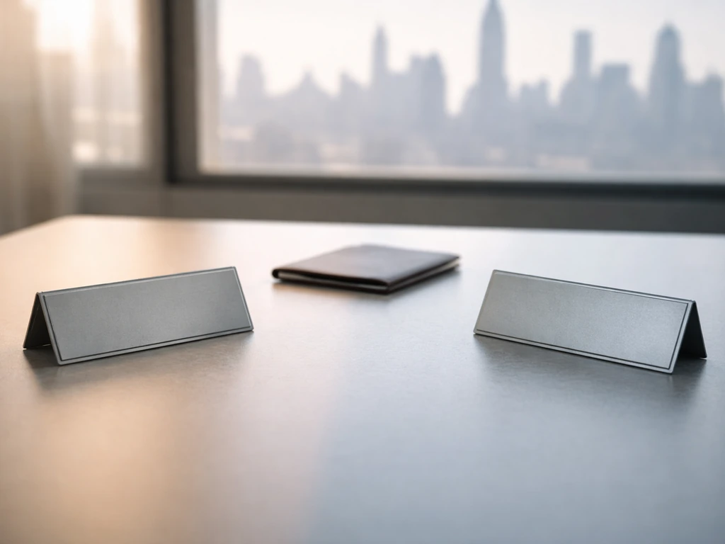 Minimal split-lit tabletop scene with two blank metal nameplates and a closed vintage ID folder, NYC skyline blur.