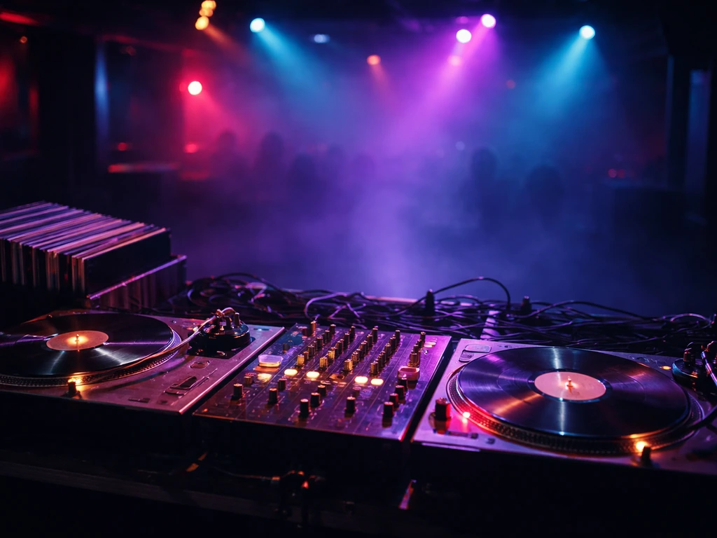 Anonymous live DJ performing at a New York-style club booth with turntables and moody lighting.