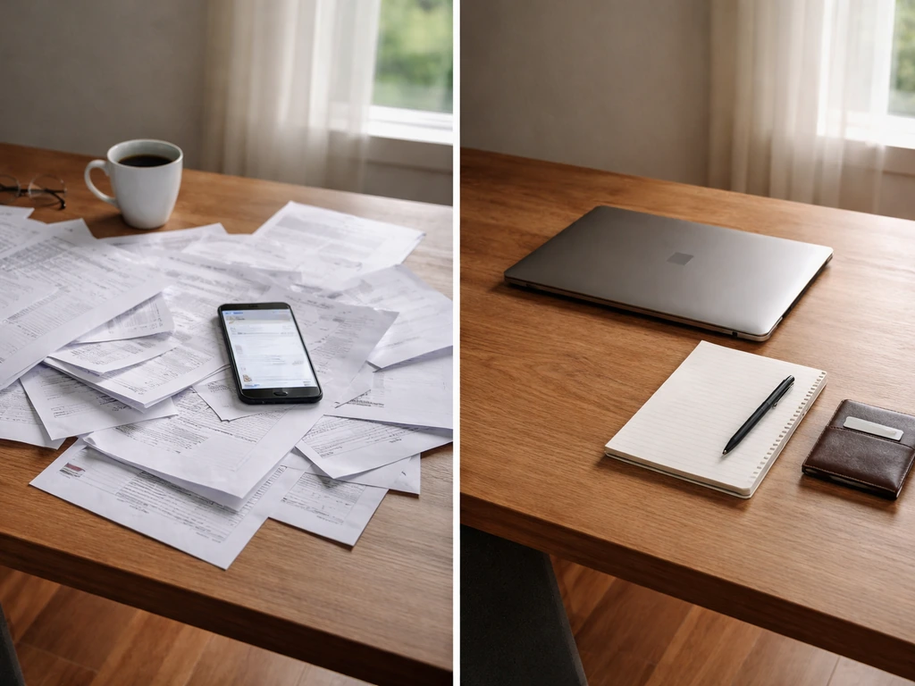 Minimal split-scene showing a messy finance search setup versus an orderly net-worth research desk.