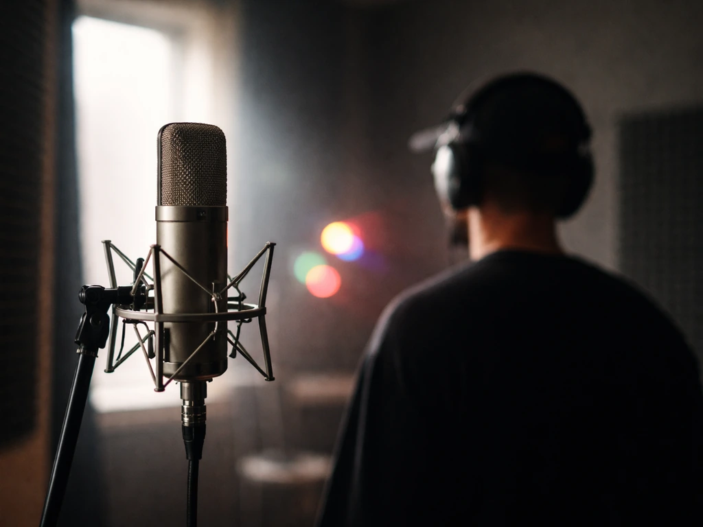 Anonymous singer in a recording studio near a microphone with soft stage lighting, symbolizing pop performance and fame.