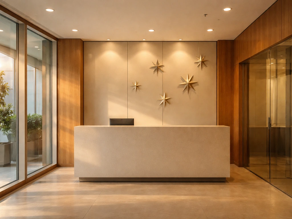 Quiet modern office lobby with a subtle star-themed decor element suggesting Star Magic talent management