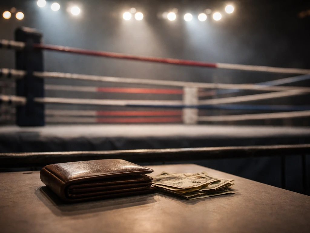 Ringside boxing lights with a wallet and banknotes on a table, signaling athlete finance analysis.