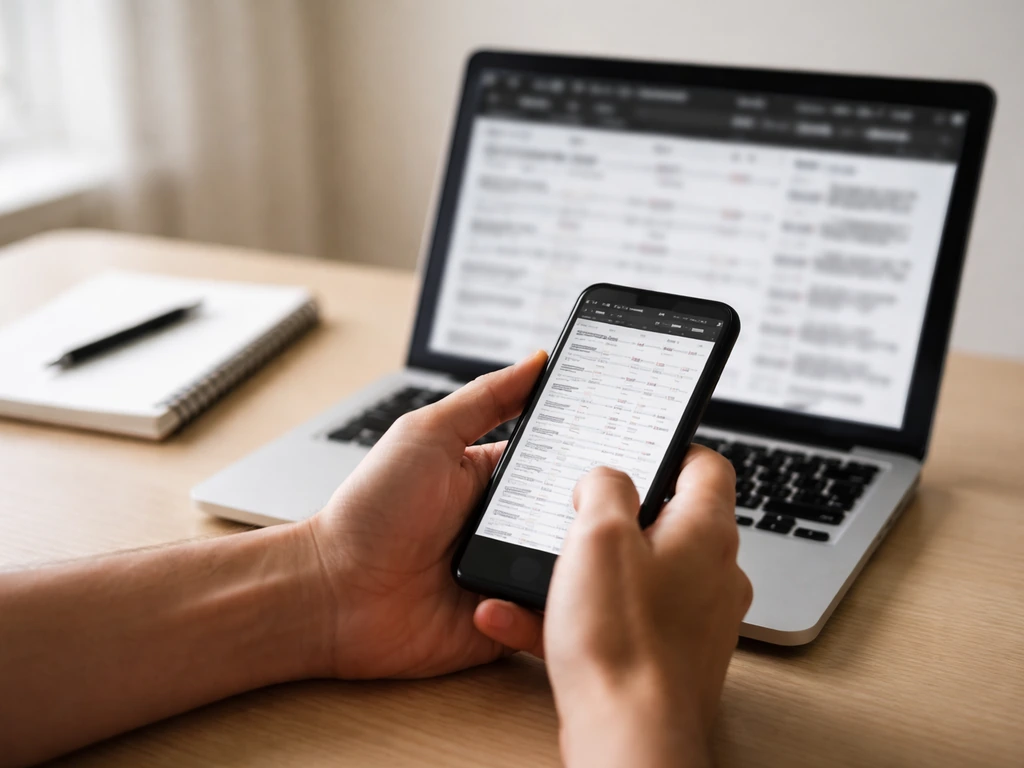 Anonymous hands researching fight-record style data on a phone and laptop on a desk.
