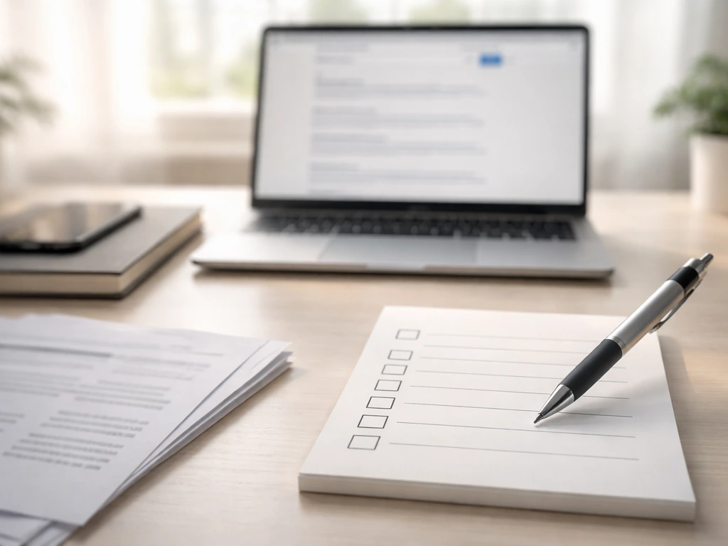 Pen hovering over blank checklist beside laptop and phone for verifying public sources.