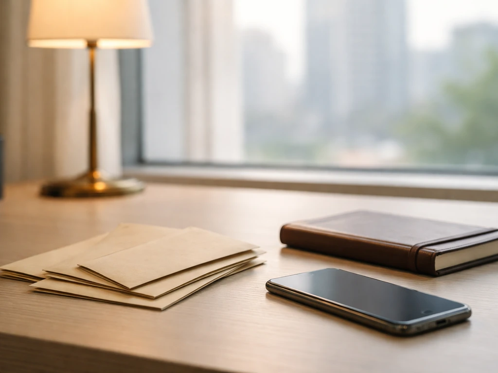 Minimal office desk with scattered cash envelopes and a softly lit city view, symbolizing net worth analysis