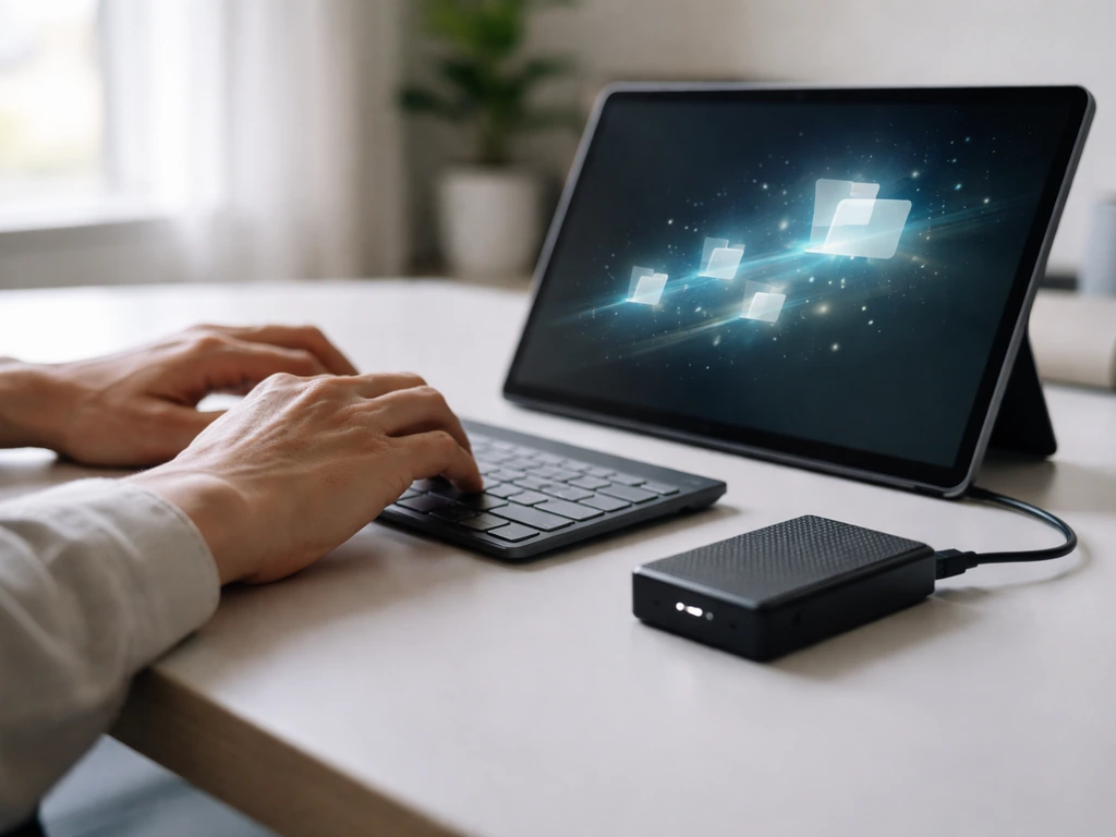 Anonymous hands in a modern office working with a laptop and storage device, suggesting proprietary file tech.