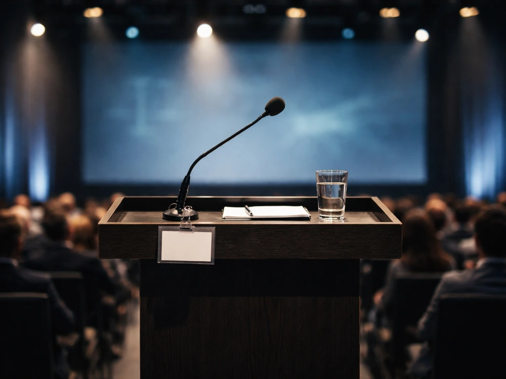 Speaker lectern on a small conference stage with a blurred audience in the background