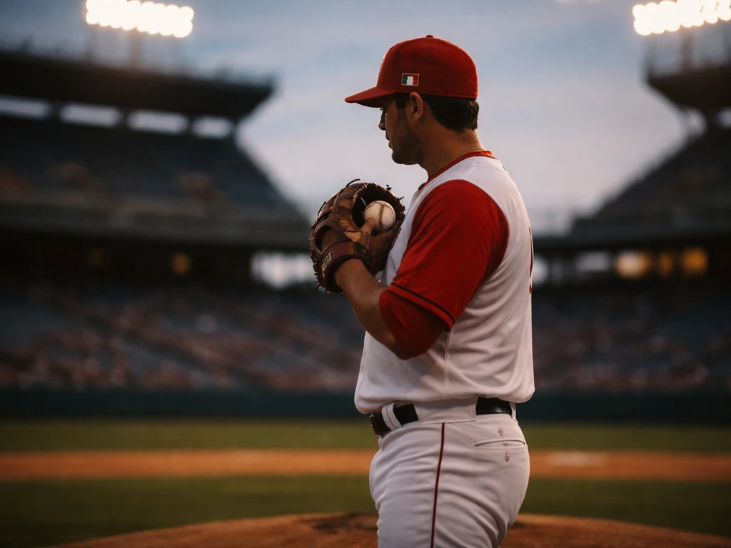Mexican MLB pitcher in red-and-white uniform on a quiet stadium mound at dusk, holding a baseball.