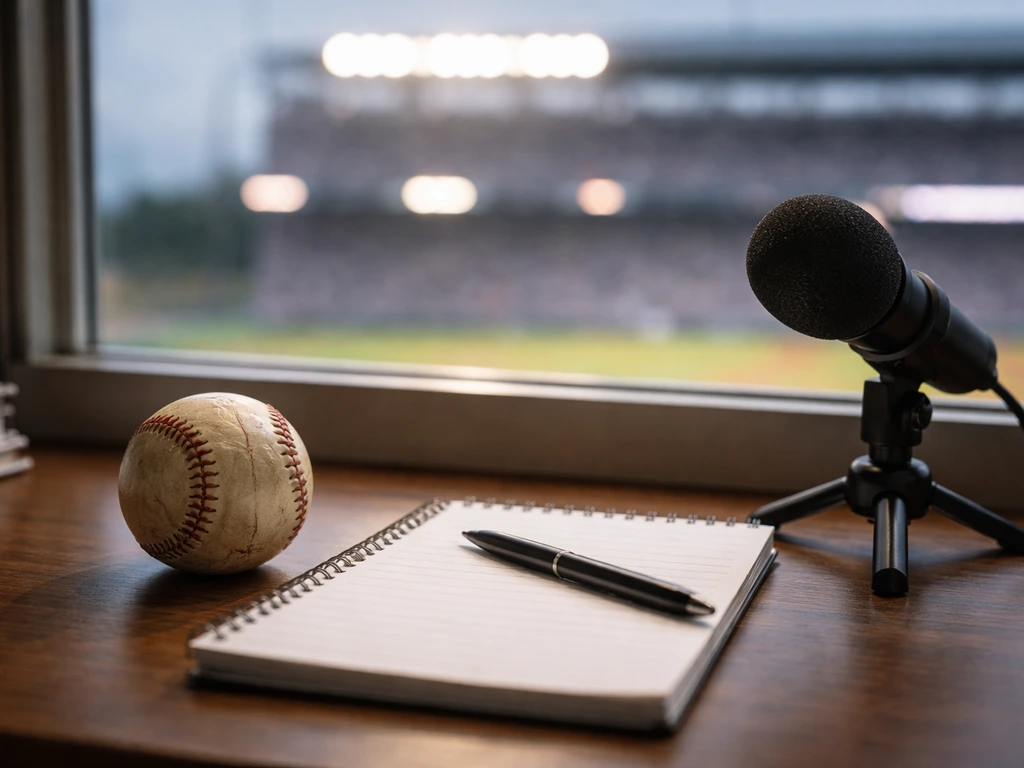 Worn baseball on a desk beside a microphone, with blurred stadium lights in the background.