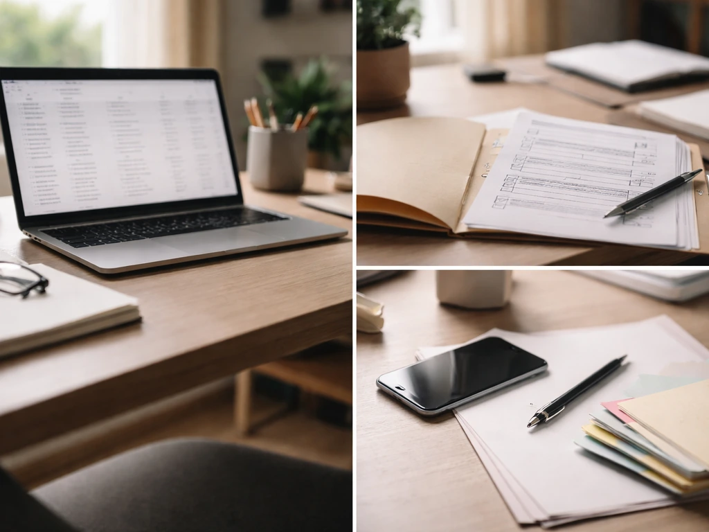Minimal desk scene with a laptop and printed documents suggesting verifying sports salary records