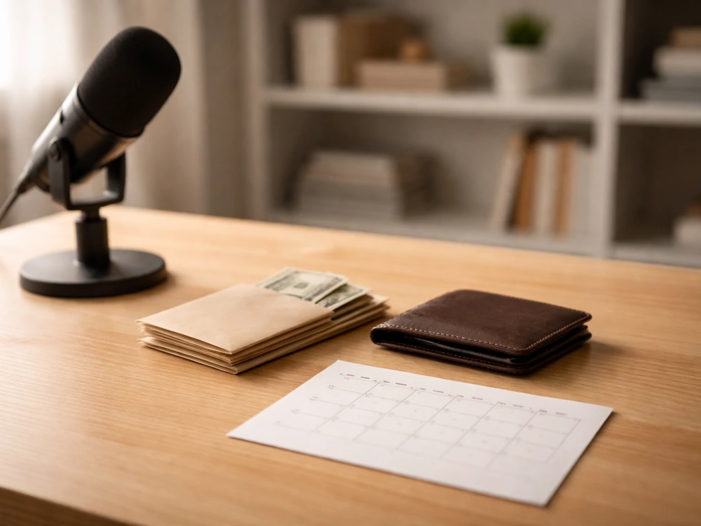 Minimal studio desk with a microphone, scattered cash envelopes, and a simple calendar page showing progression