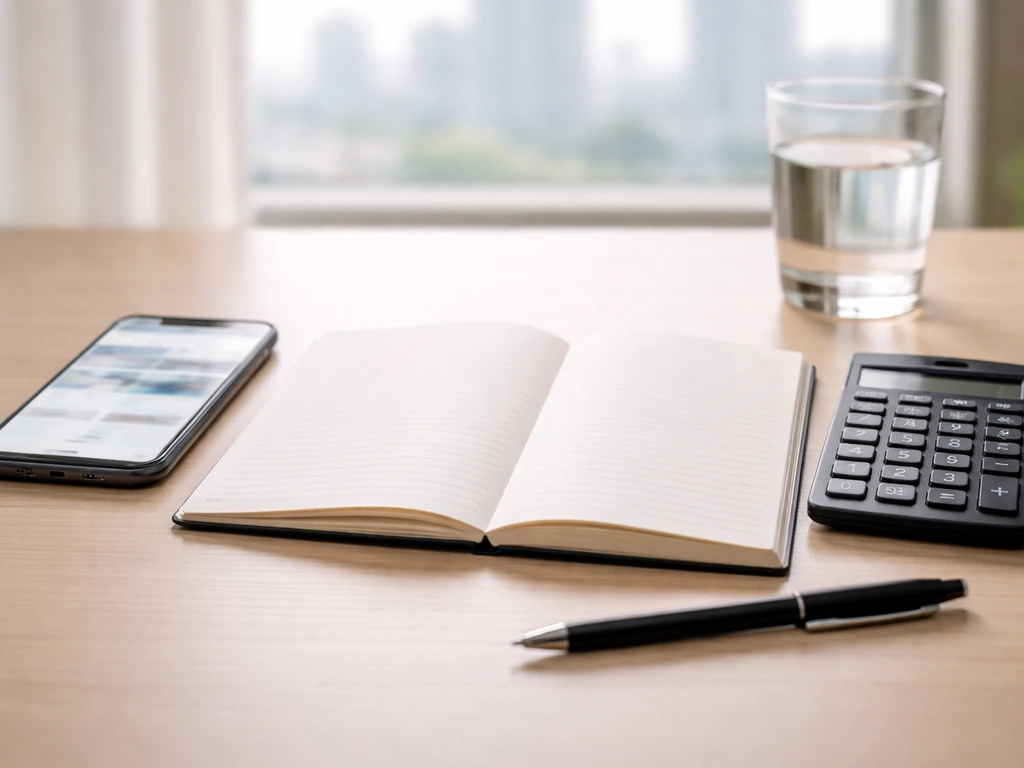Minimal desk scene with a smartphone and notebook, suggesting building an estimate from public business signals.