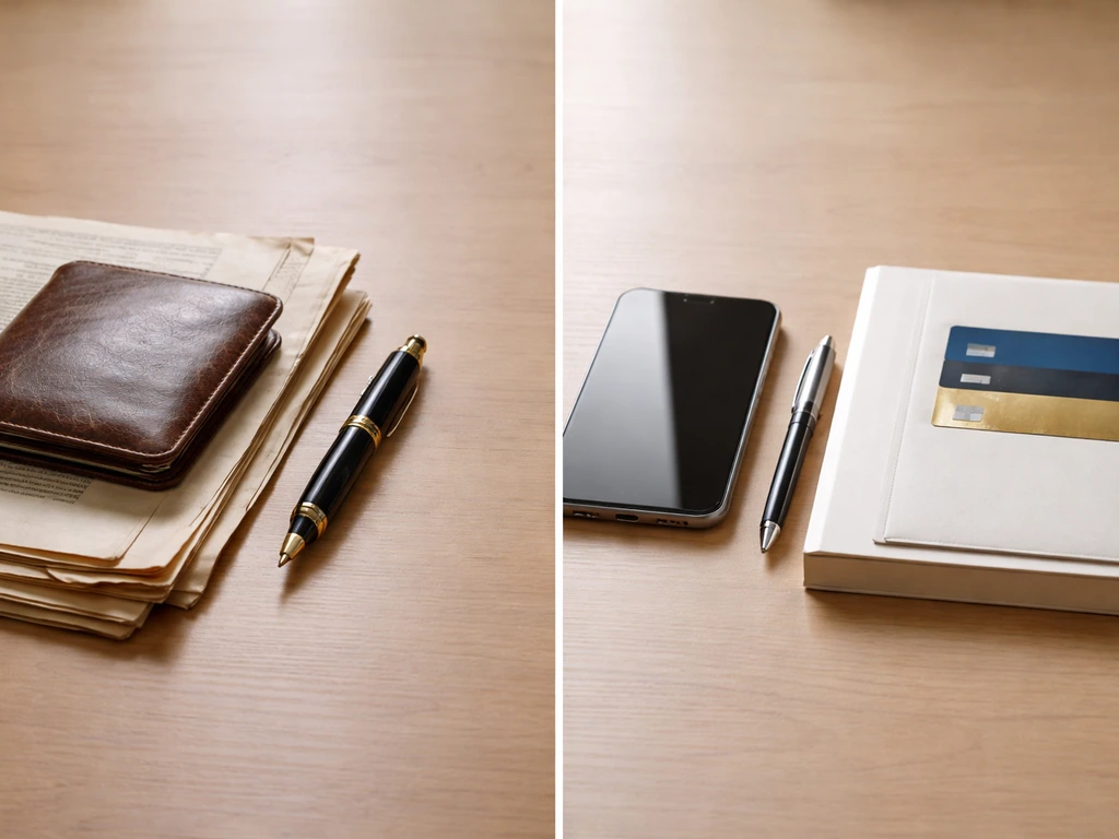 Side-by-side desk scene with vintage wallet/documents and modern phone/notebook symbolizing past vs present wealth.