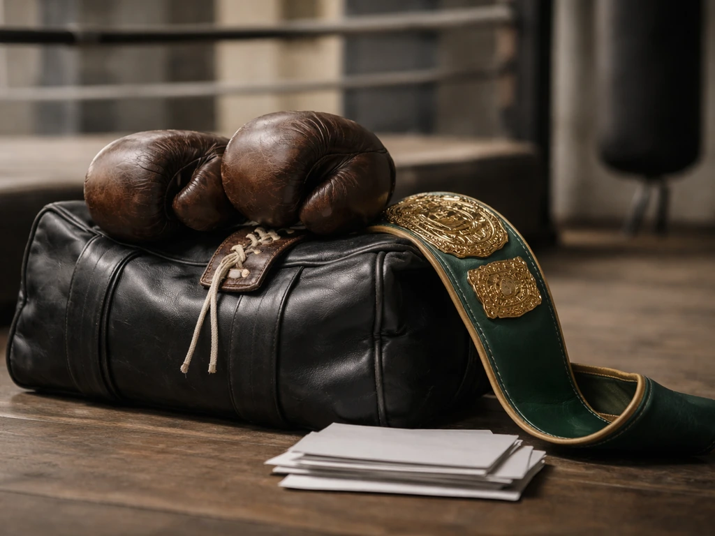 Boxing gloves and a belt on a duffel bag beside a blurred boxing ring, symbolic wealth drivers.