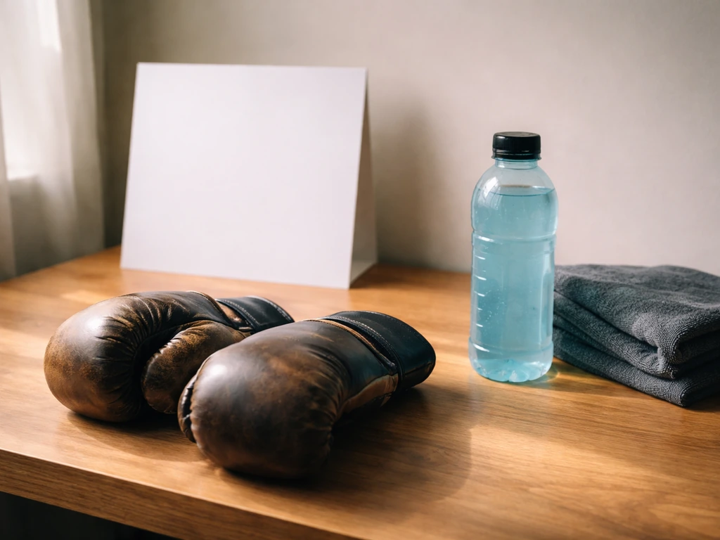 Boxing gloves on a studio desk with generic sports items and a blank poster board in soft daylight.