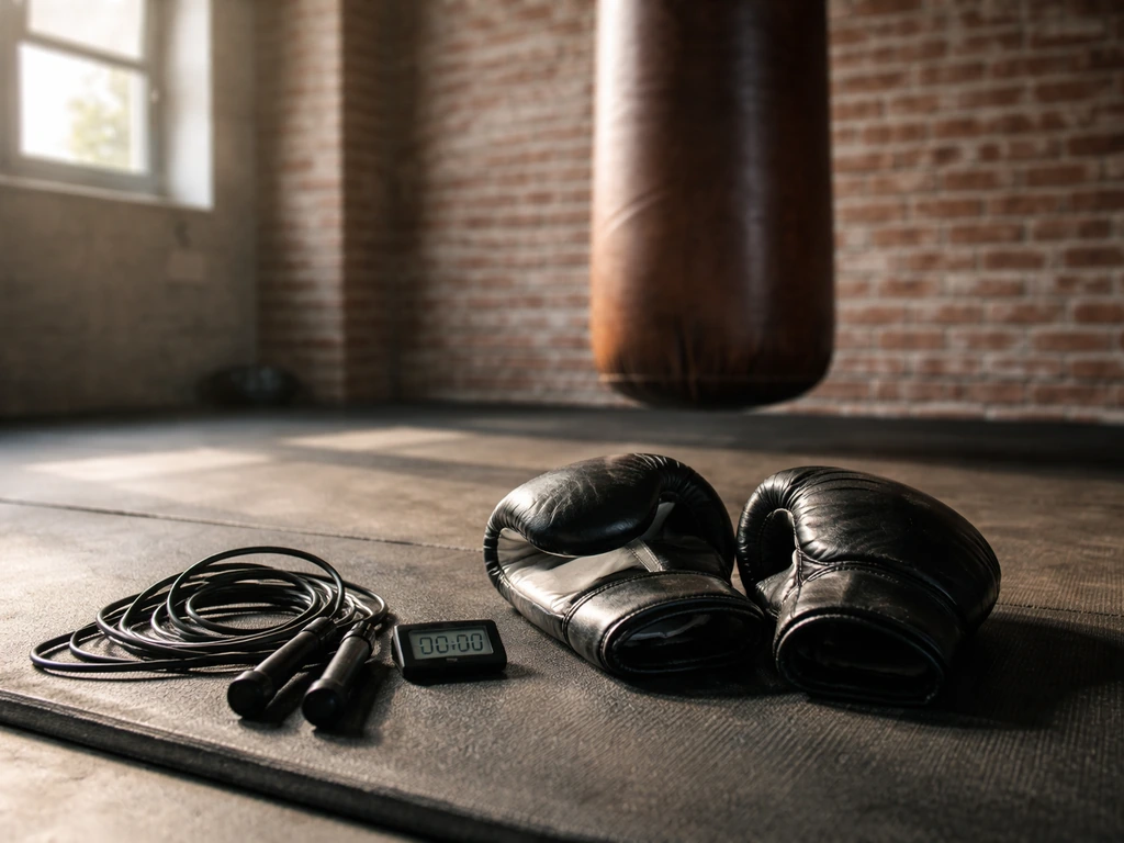 Boxing gym training scene with gloves, jump rope, heavy bag, and a stopwatch on the floor.