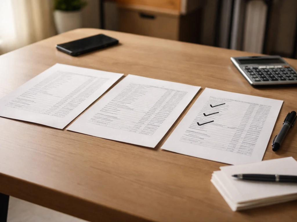 Desk with three financial documents side by side, pen and covered calculator, suggesting verification of differing figur