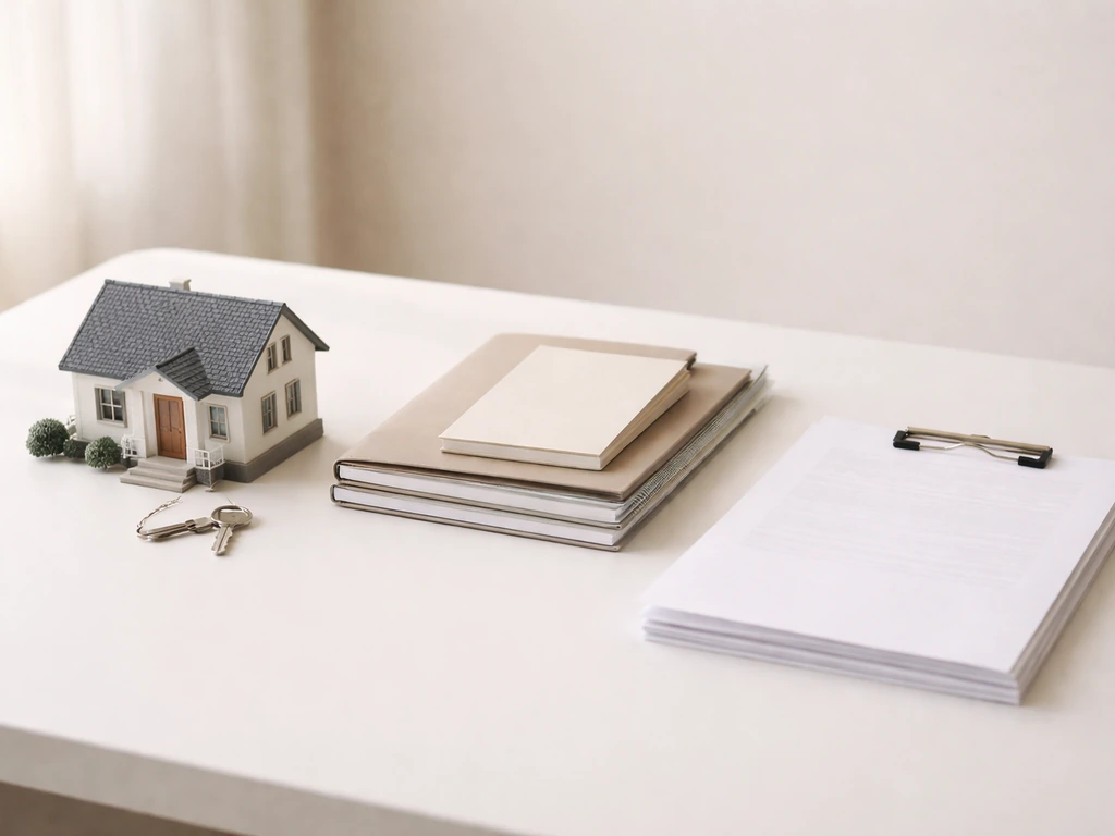 Minimal photo showing assets minus debts concept: small home model, investment cards, and a loan paper stack