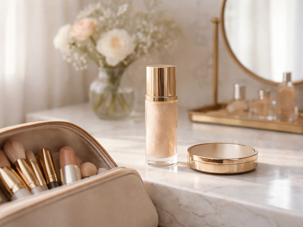 Beauty brand endorsement scene with an elegant makeup setup and a shimmering bottle on a vanity