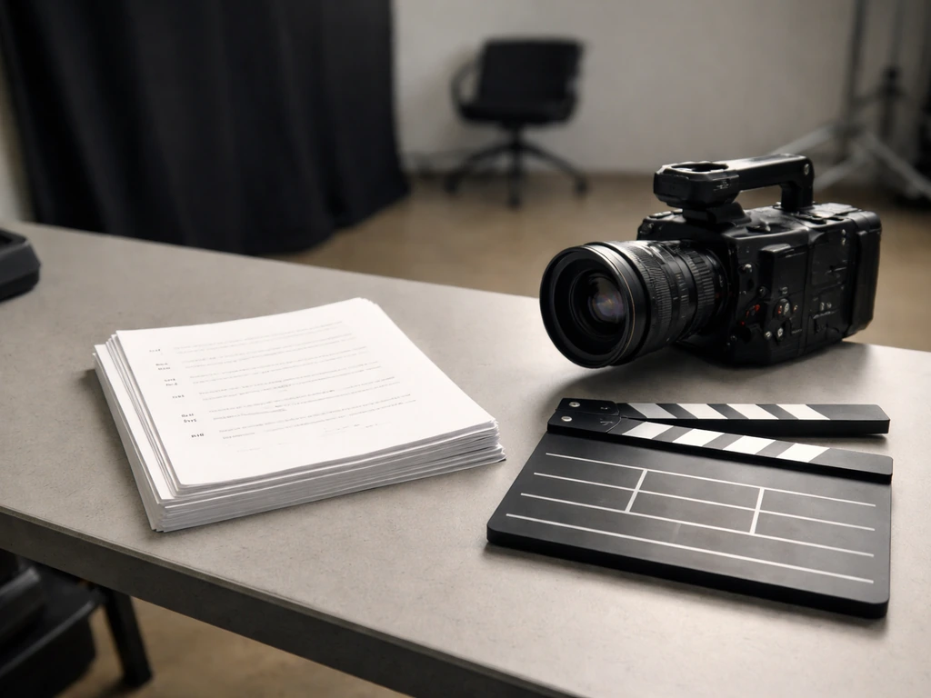 Minimal film production desk with script pages, a director’s slate, and a cinema camera on set.