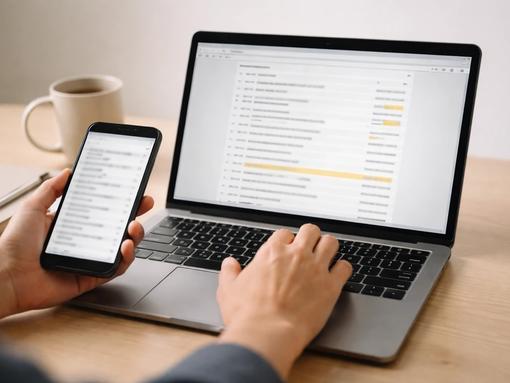 Hands cross-check a blurred IMDb-like credits list on phone and laptop with highlighted lines.