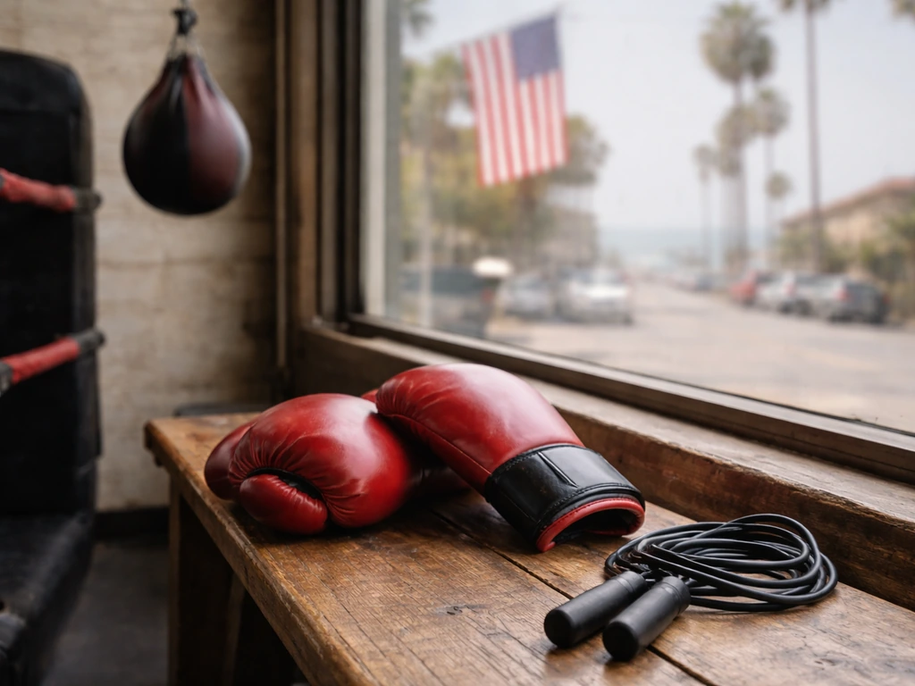 Red boxing gloves and training gear in a quiet gym corner with natural light and a blurred coastal view.