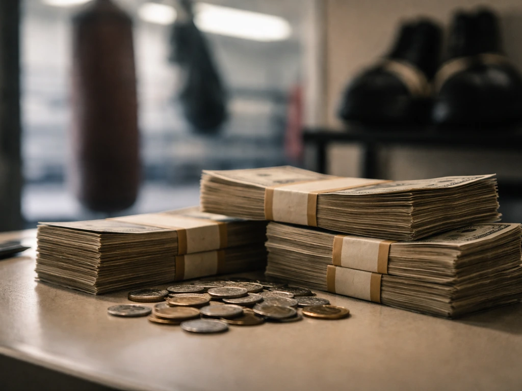 Minimal photo of stacked cash and coins on a desk with a blurred boxing-training gym background