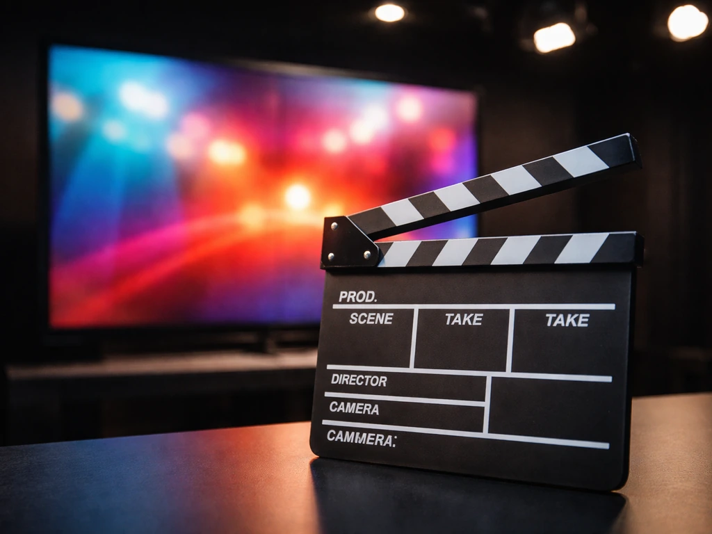Minimal TV studio scene with a clapperboard and a Telemundo-like screen showing colorful entertainment visuals