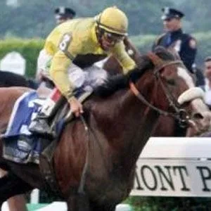 Photo of jockey John Velazquez riding a racehorse during a race