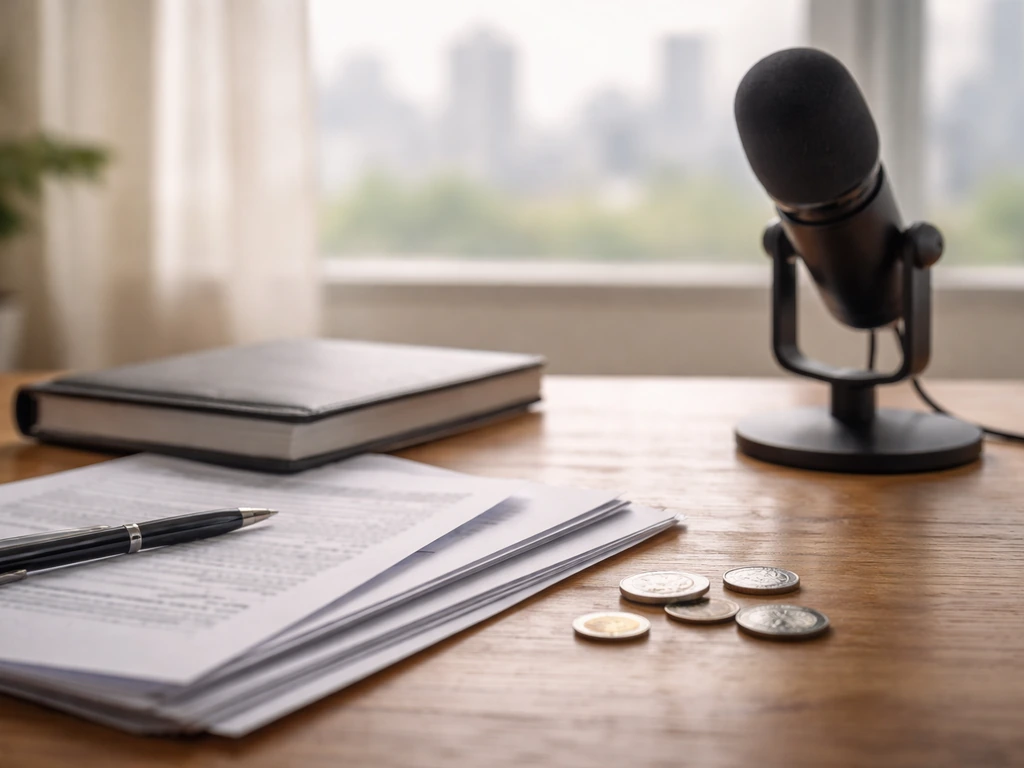 Minimal studio desk with microphone and scattered documents, symbolizing financial estimates and analysis