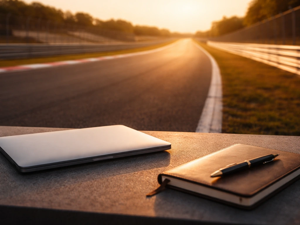 Minimal photo of a race track at golden hour beside a sleek laptop on a desk, symbolizing career earnings