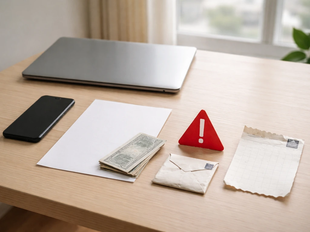 Minimal office desk with paper warning cues and money, symbolizing unreliable net worth claims red flags.