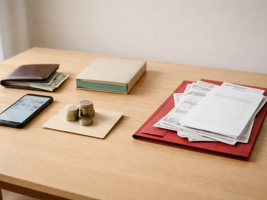 Minimal desk scene with assets (wallet, coins, envelope) and liabilities (red folder, bills) to symbolize net worth.
