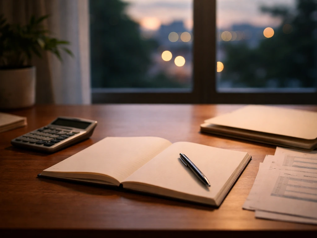 Minimal home office desk with calculator and documents suggesting financial estimate modeling