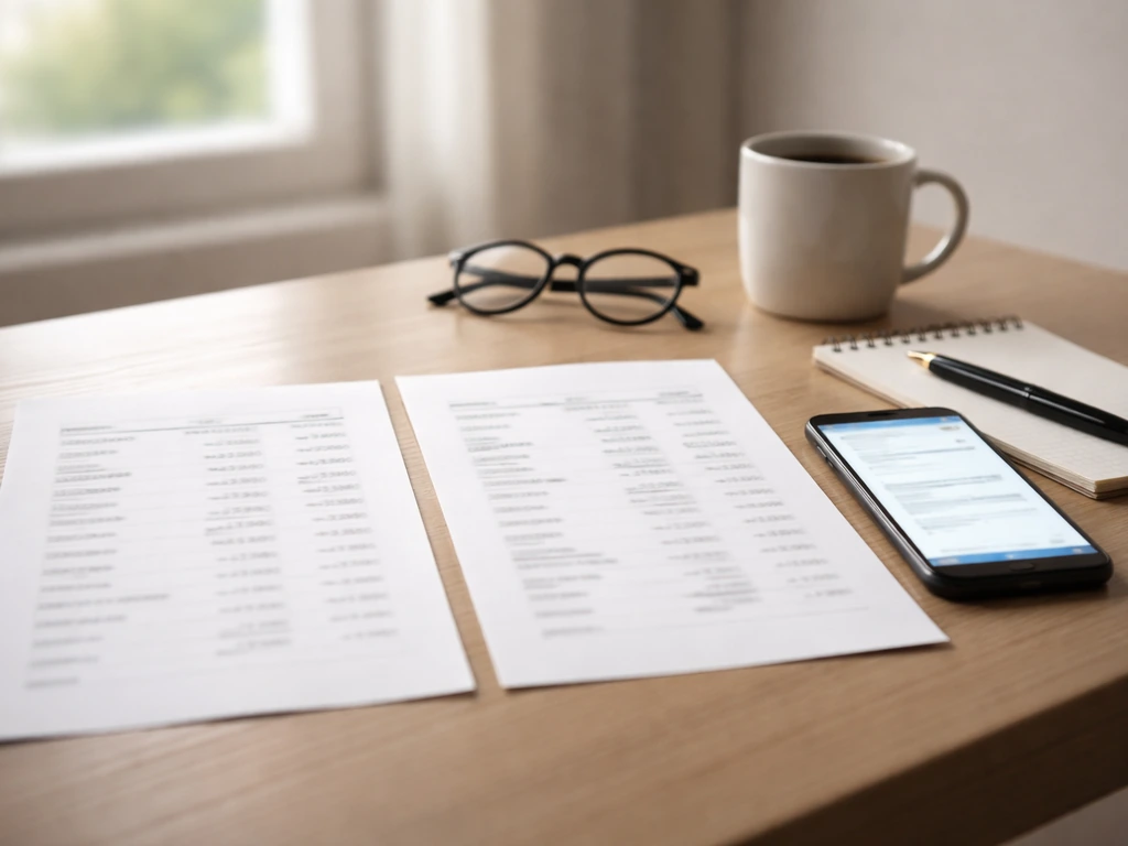 Desk with two blank/blurred pages and a phone glow, pen and glasses, suggesting comparing conflicting estimates.