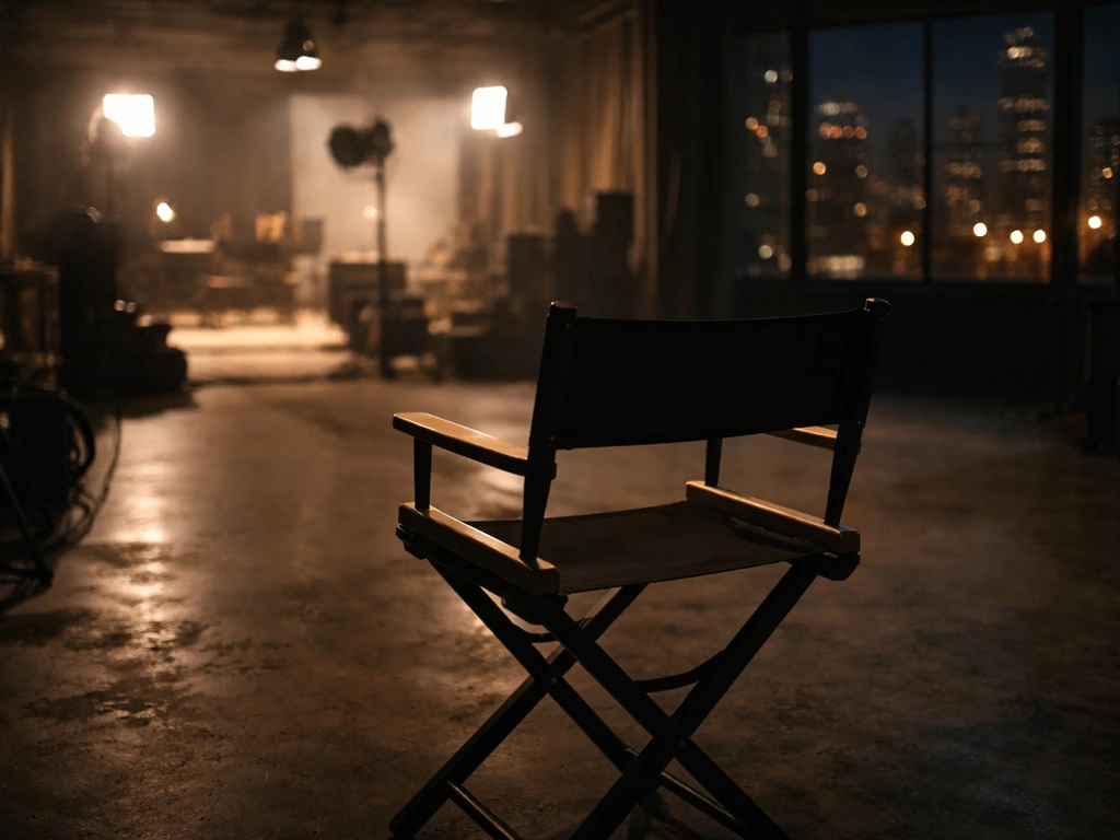 Moody film studio scene with a director’s chair and a softly lit city skyline outside, symbolizing media wealth