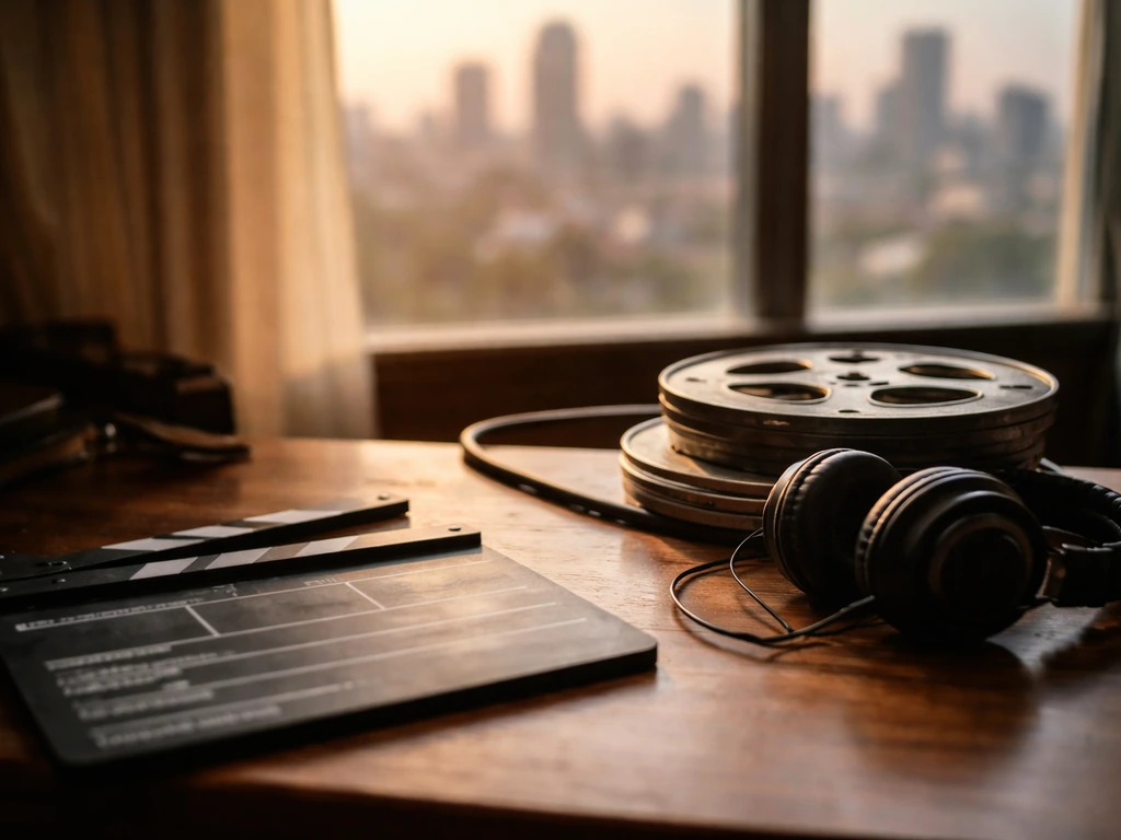 Minimal media-themed scene with a film studio feel, symbolizing a filmmaker identity without showing anyone