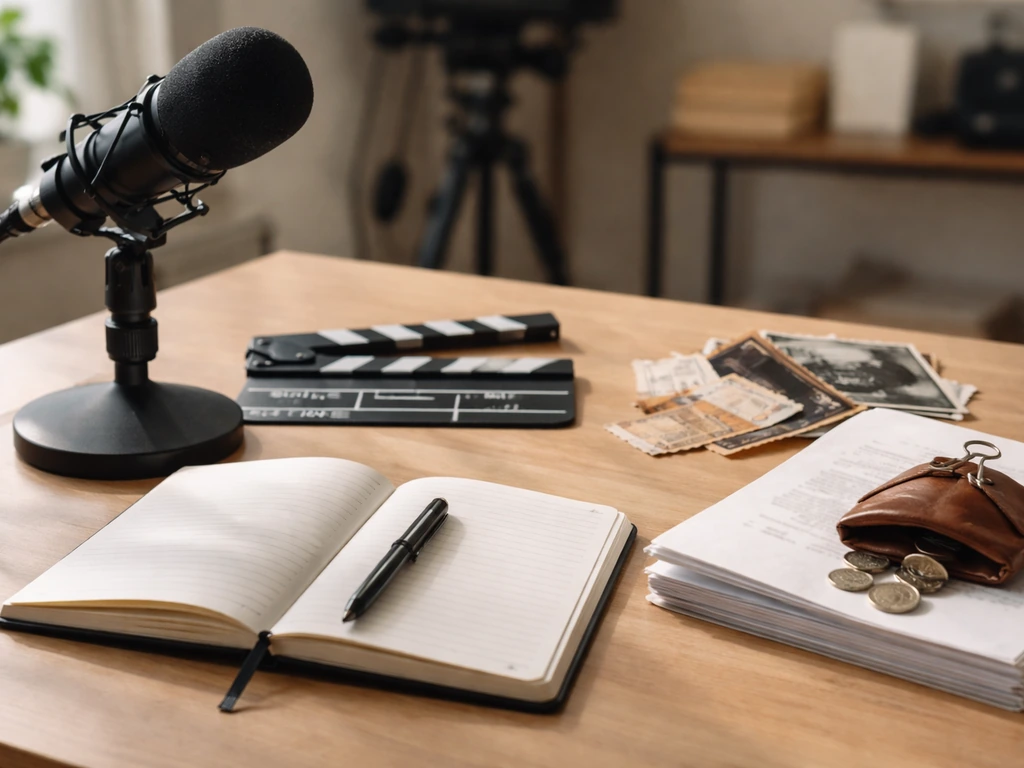 Minimal desk scene with microphone, notebook, and film/media props symbolizing overlapping income streams.