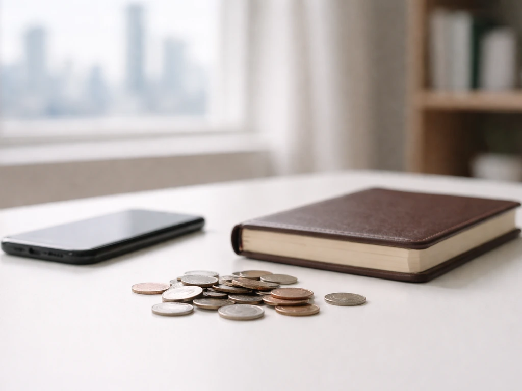 Minimal office scene with scattered coins and a smartphone showing finance-related imagery, symbolizing differing net wo