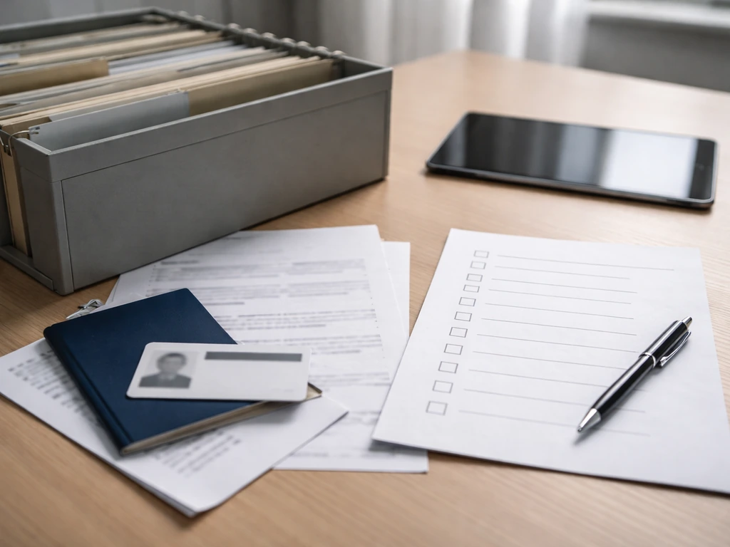 Mesa de trabajo con documentos de identidad, un archivador abierto y una tablet mostrando una verificación sin texto