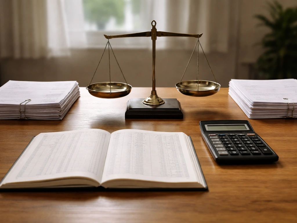 Office tabletop with a balanced scale, ledger, and calculator symbolizing assets versus liabilities.