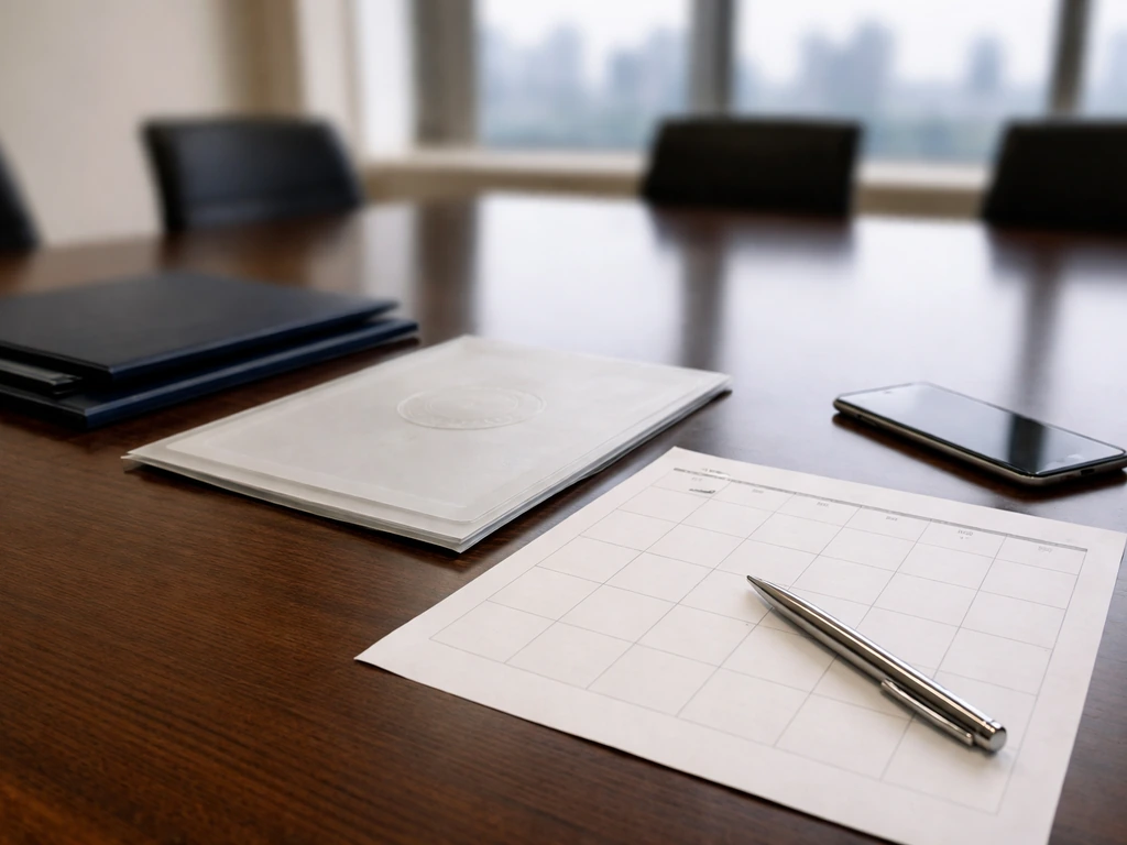 Minimal corporate boardroom scene with blurred documents and a corporate agenda folder on a table
