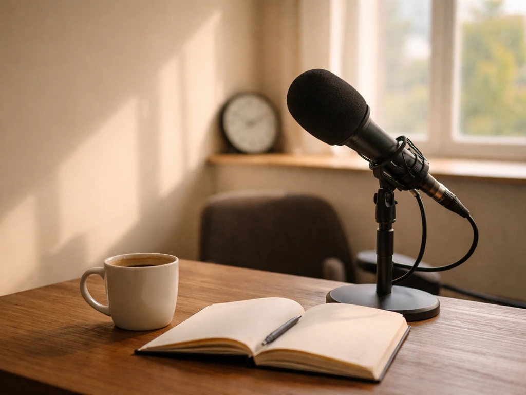 Micrófono de estudio de radio sobre una mesa, luz natural y ambiente financiero de fondo.