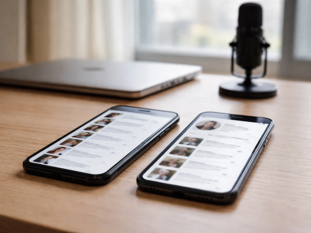 Office desk with two anonymous smartphone screens showing media listing thumbnails, symbolizing homonyms to verify ident