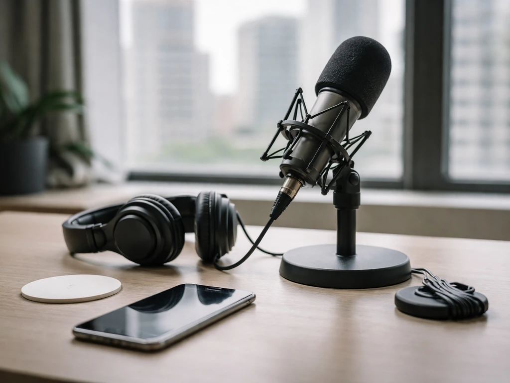 Radio studio desk with a microphone and headphones, symbolizing syndicated media income.